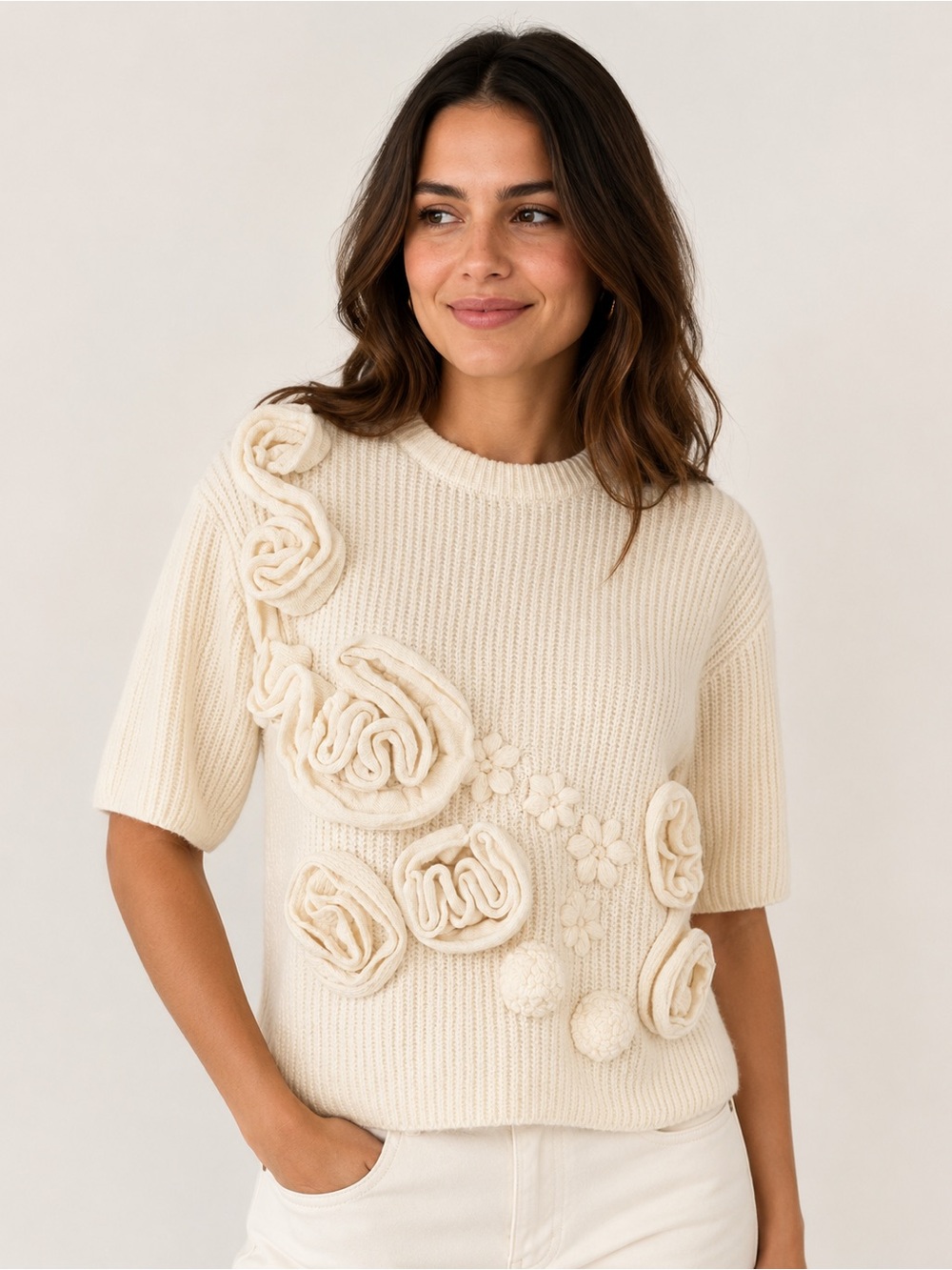 Zara Cream Floral Applique Short Sleeve Sweater